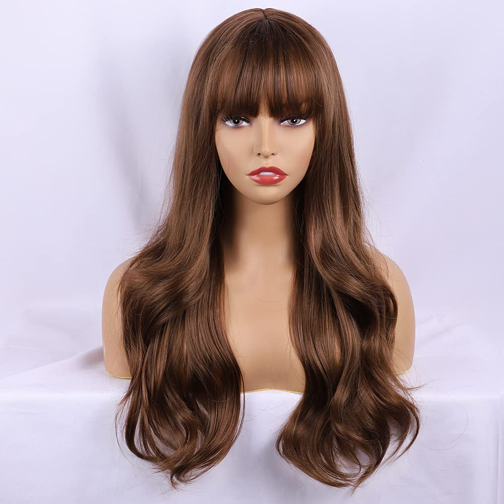 Long Light Brown Wavy Wigs With Bang