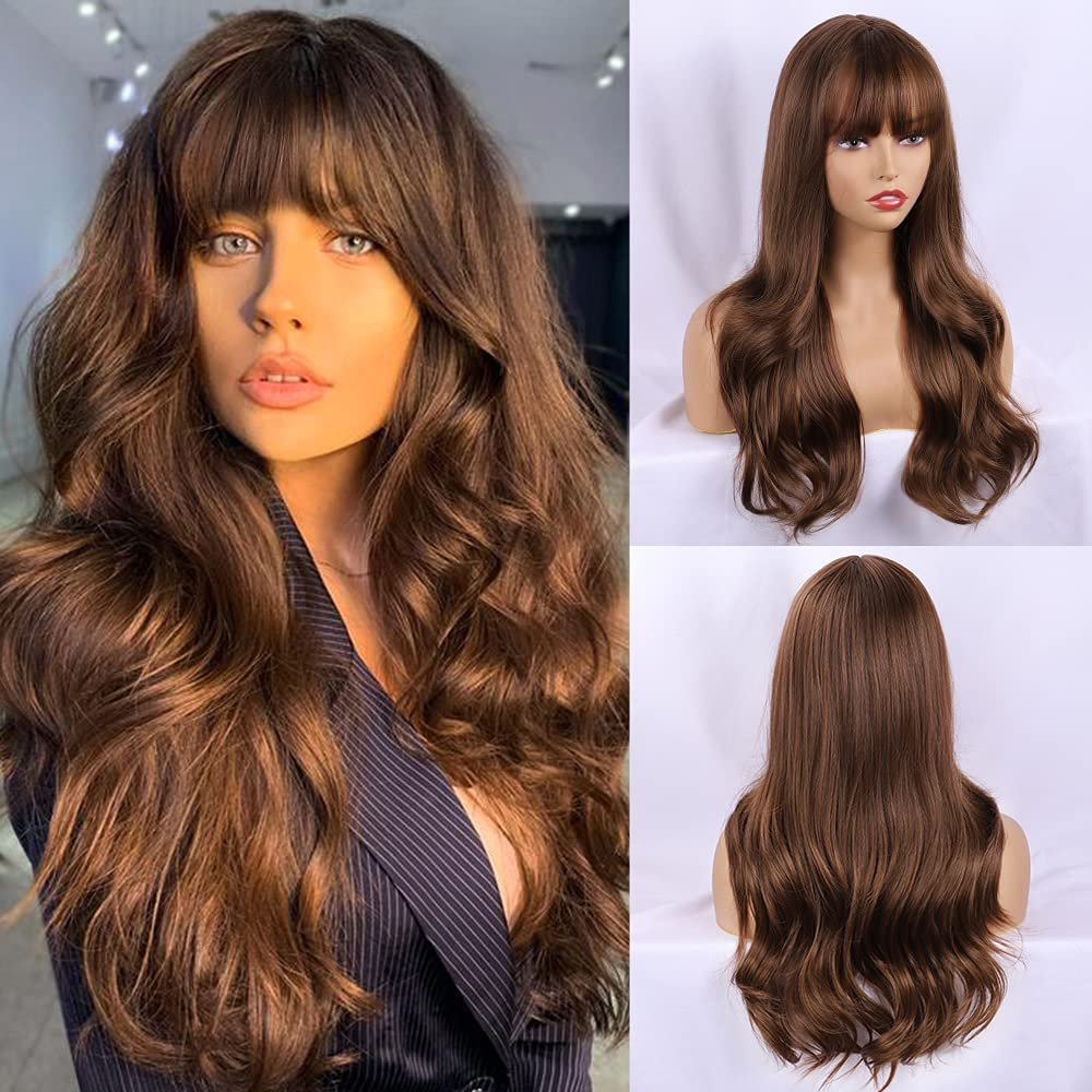 Long Light Brown Wavy Wigs With Bang