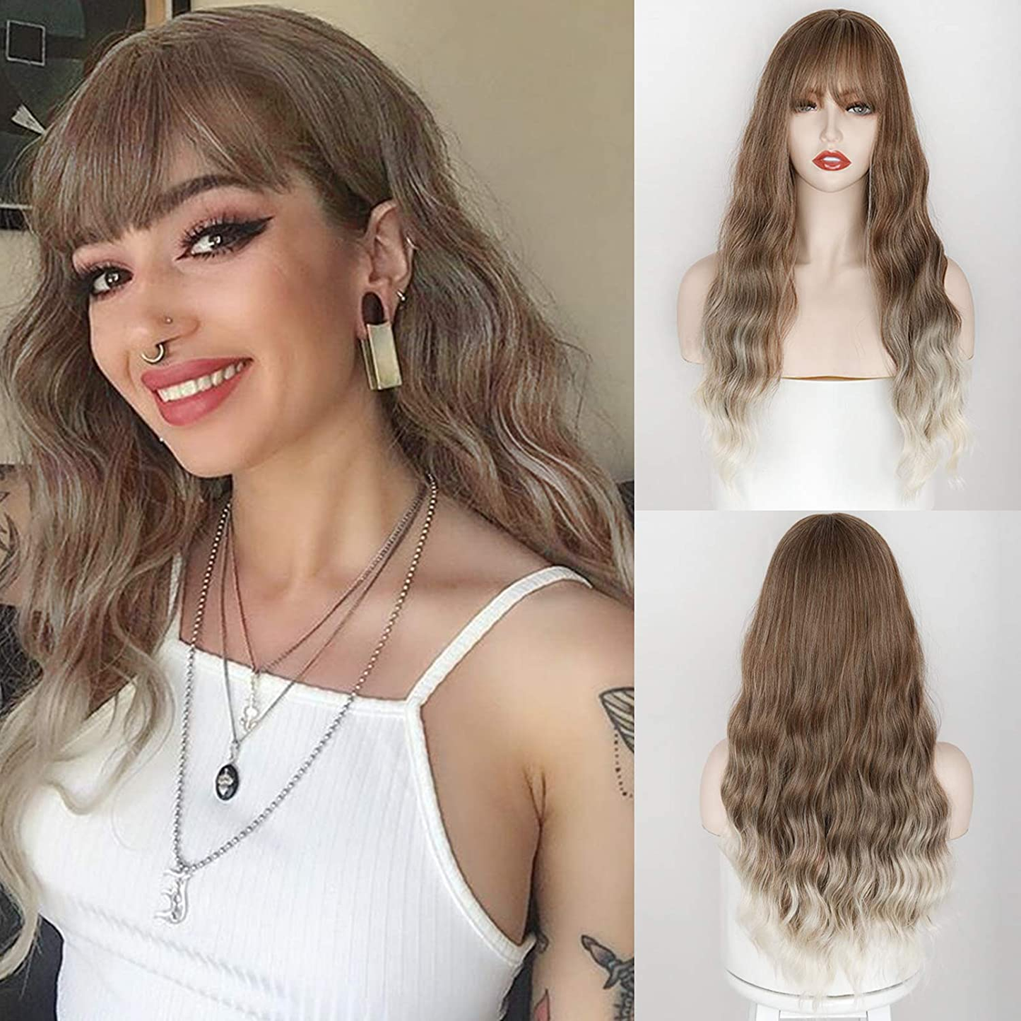 Long Ombre Brown Blonde Full Wavy Wig With Bang