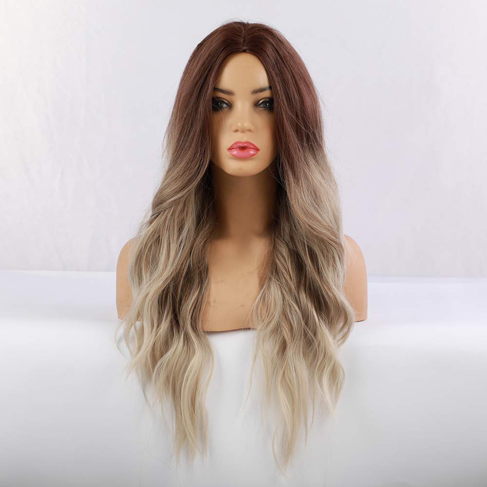 Ombre Brown Ash Blonde Long Curly Wavy Full Cap Wig