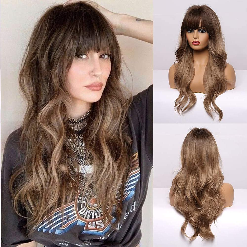 Long Wavy Dark Ashy Blonde Ombre Full Non Lace Bang Wig