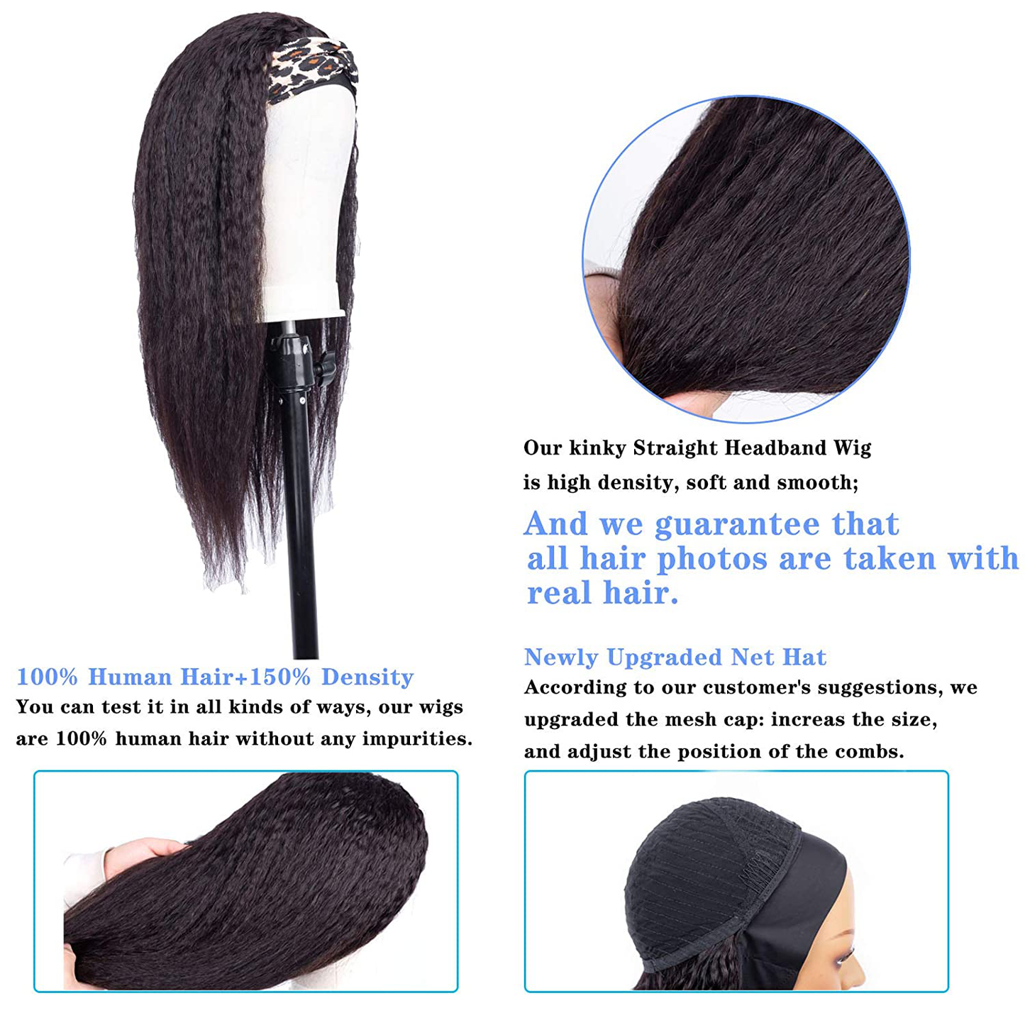 Natural Black Kinky Straight Headband Human Hair Wig|14 Inch