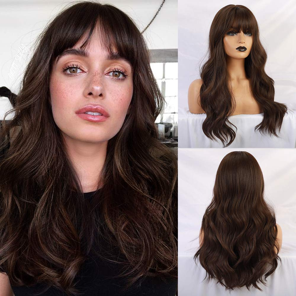 Long Natural Wavy Brunette Wigs With Bangs