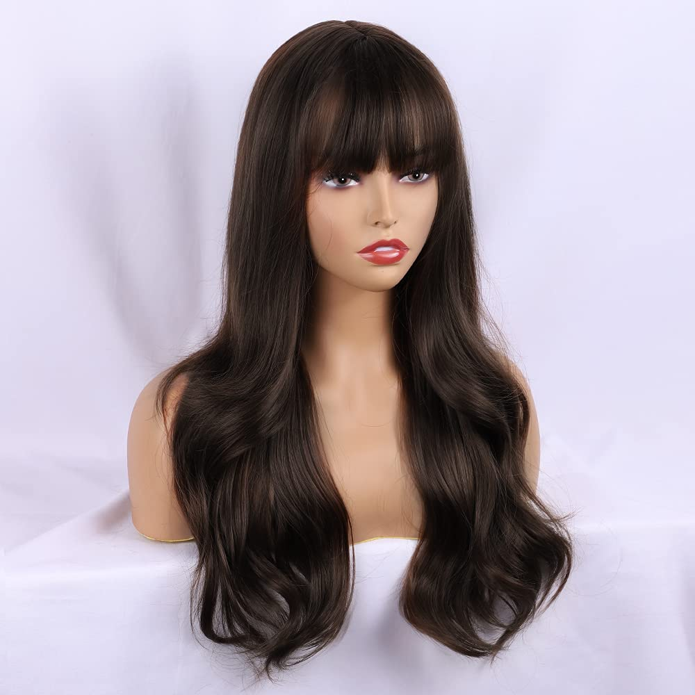 Dark Brown Long Wavy Wigs With Bang for Women