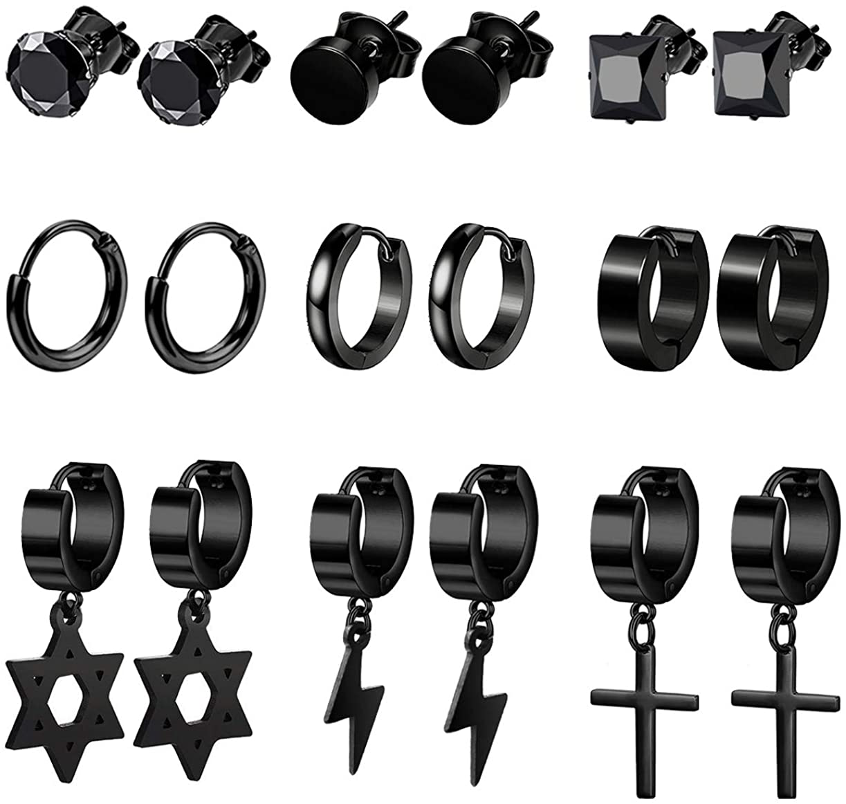 9 Pairs Stainless Steel Stud Huggie Hoop Earrings for Women Mens Black Cross Triangle Dangle Earrings Punk Style Goth Earrings Set