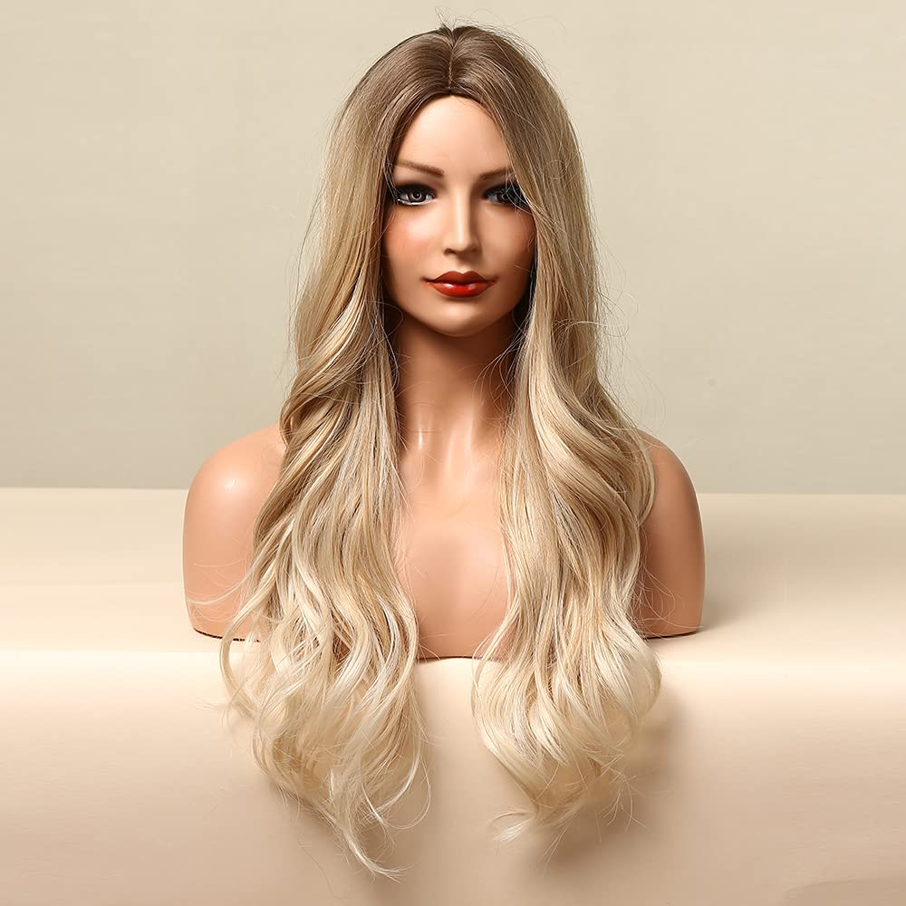 Long Ombre Light Brown to Blonde Natural Wave Full Wig