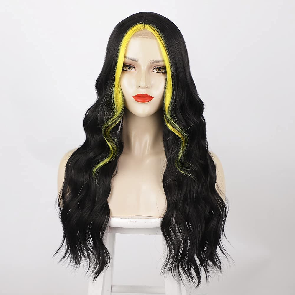 Long Wavy Highlight Black/Yellow Middle Part Wigs