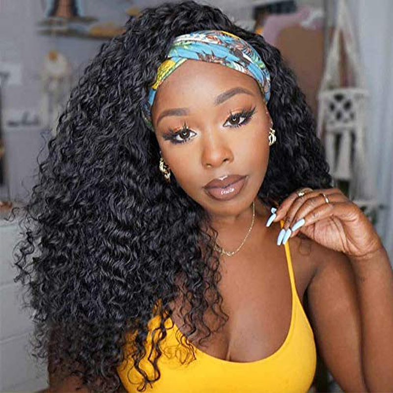 Short Curly Deep Wave Headband Brazilian Virgin Hair Wig | Natural Color|16 Inch Headband Wig
