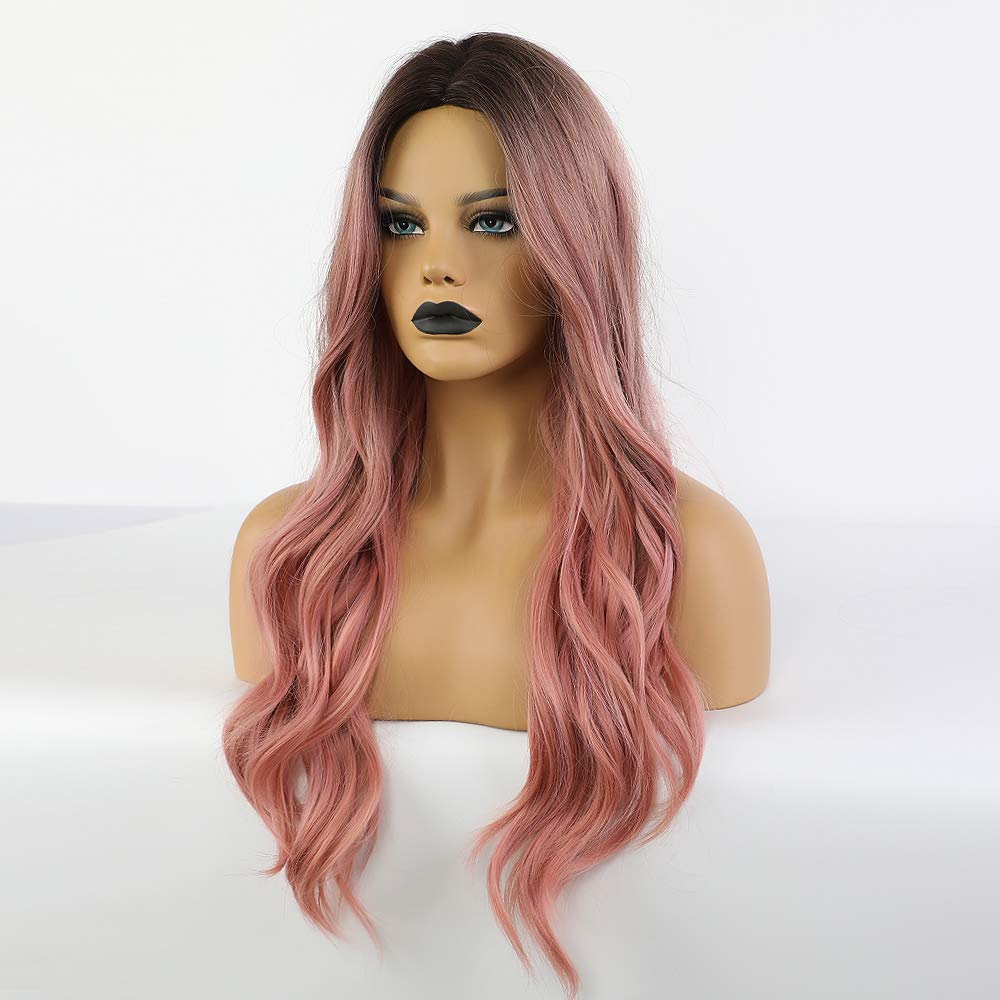 Long Natural Wave Ombre Black-Pink Color Wig