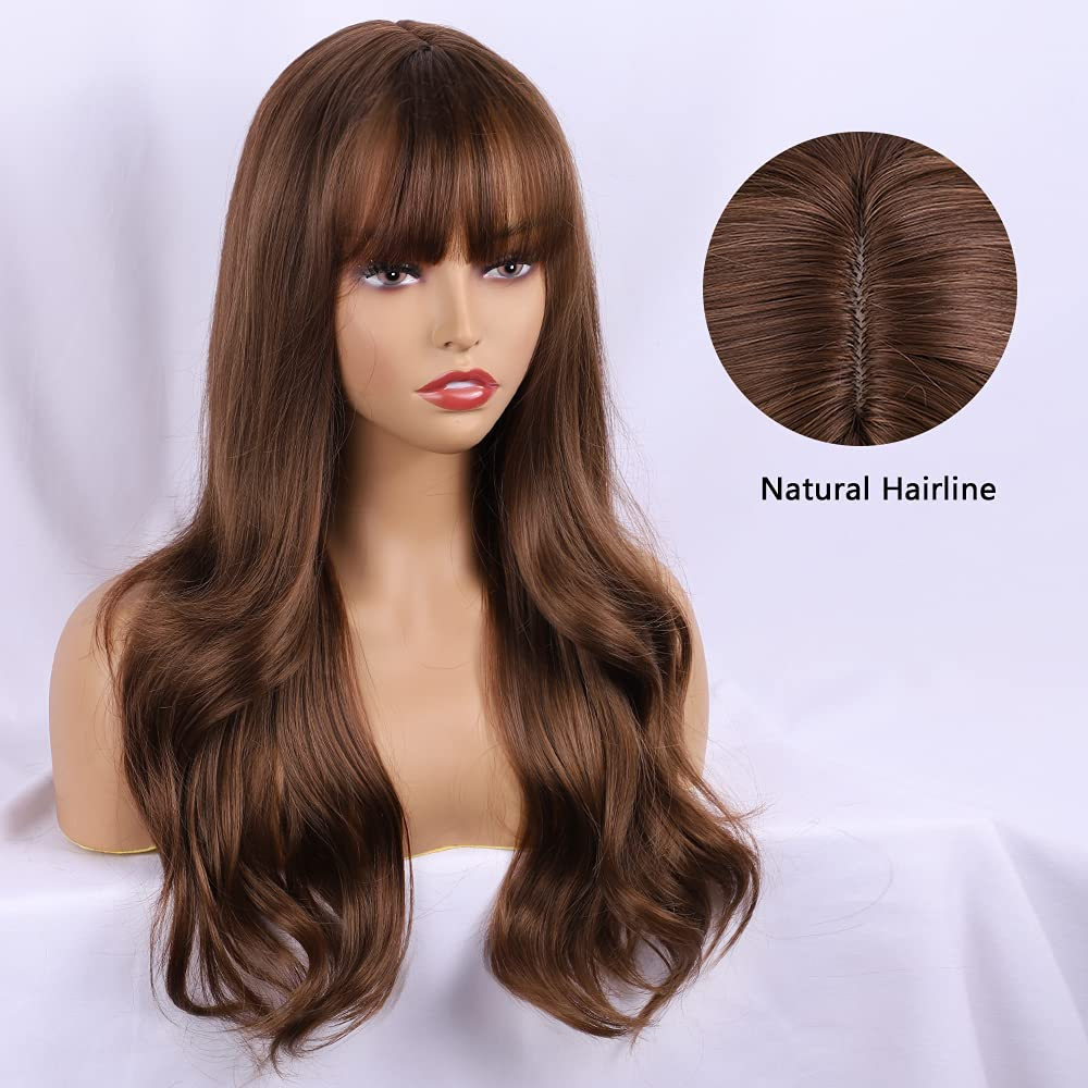 Long Light Brown Wavy Wigs With Bang