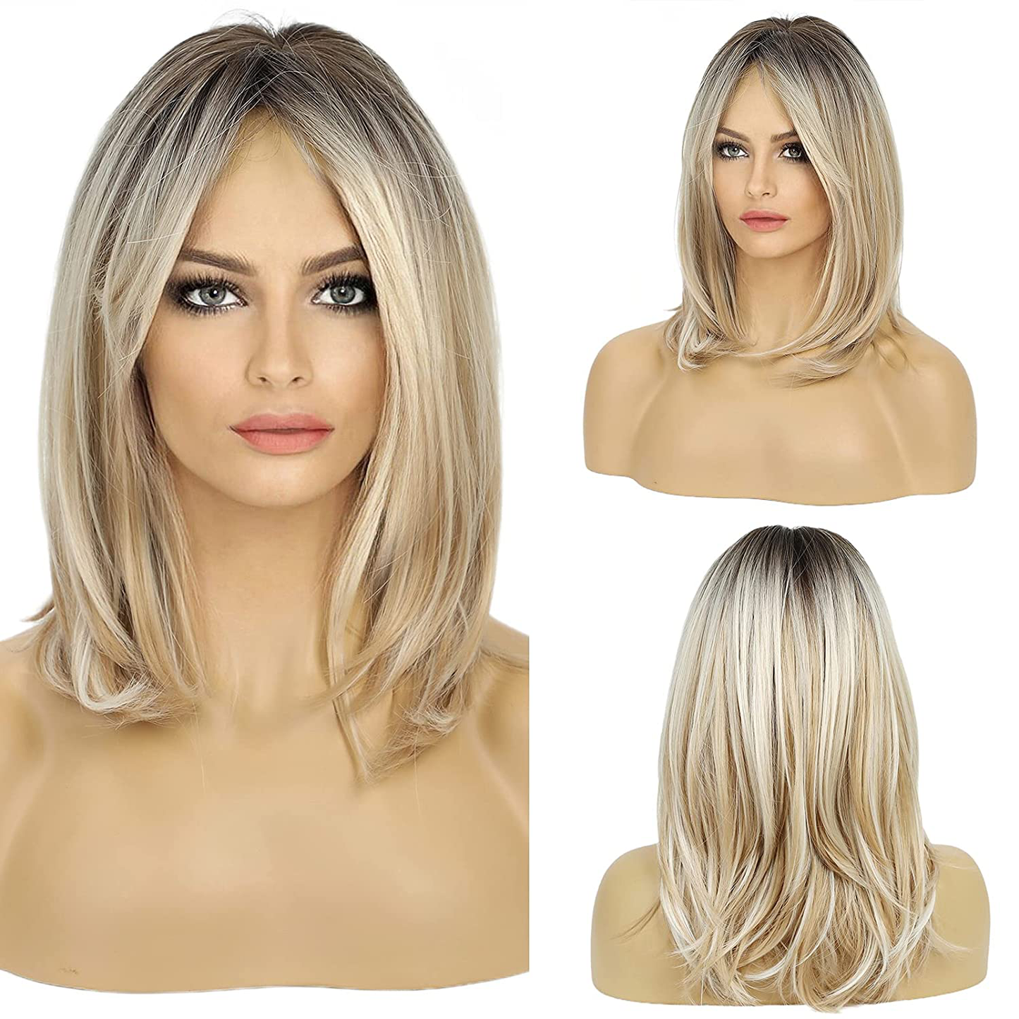Long Ombre Blonde with Black Roots With Bangs