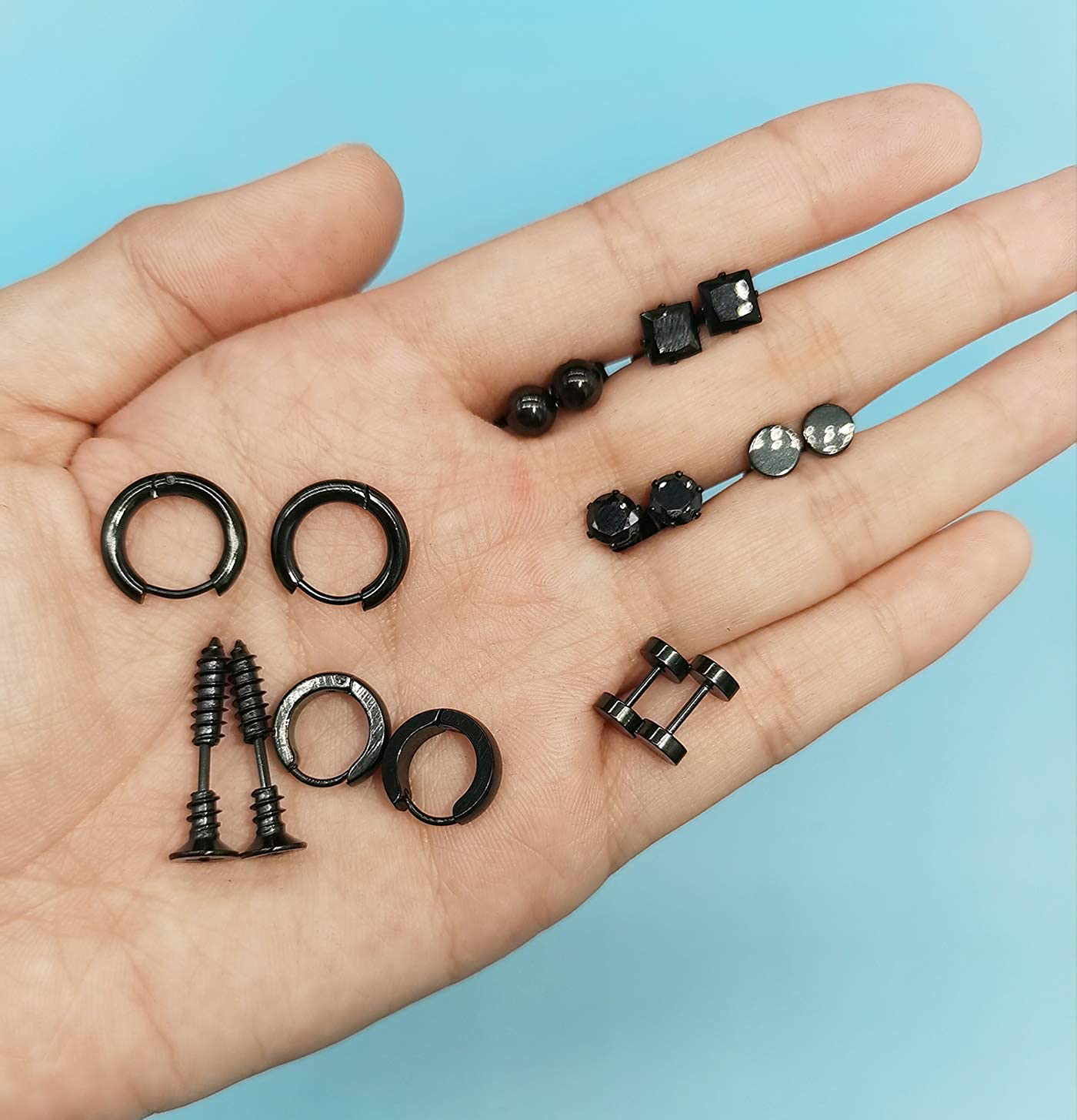 14 pairs Punk Black Hoop Dangle Stud Earrings