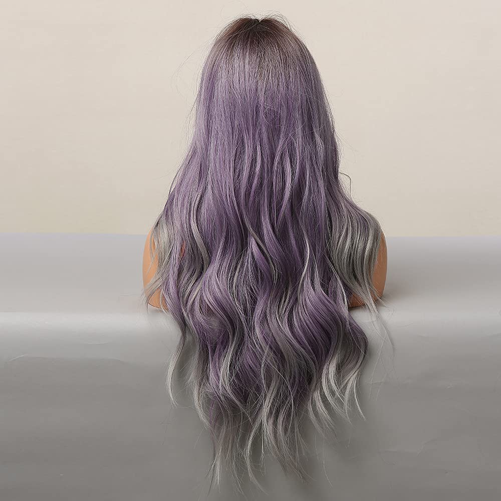 Long Wavy Ombre Purple Gray Full Wig
