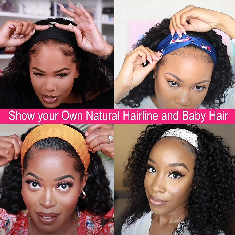 12Inch Short Bob Curly Brazilian Virgin Human Hair Headband Wig| Natural Black Color,Natural Black Color
