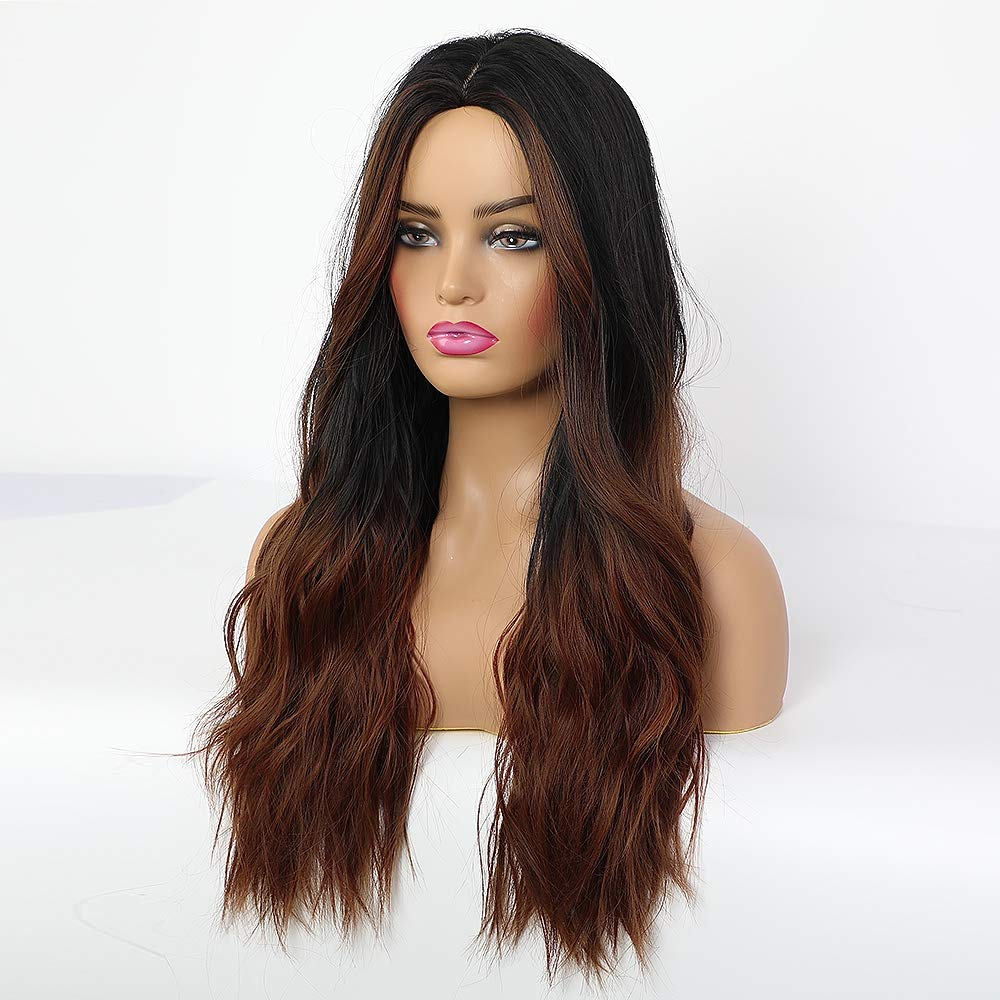 Long Ombre Black Brown Natural Wavy Wig