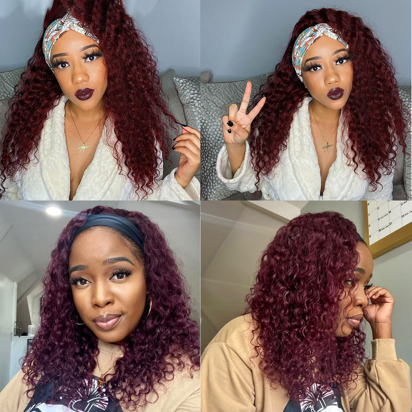 Headband Water Wave Human Hair Headband Wigs | 99J Burgundy Color