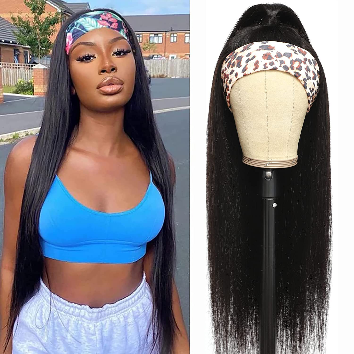 16 Inch Black Straight Brazilian Virgin Human Hair Headband Wig|Natural Color (16 Inch)