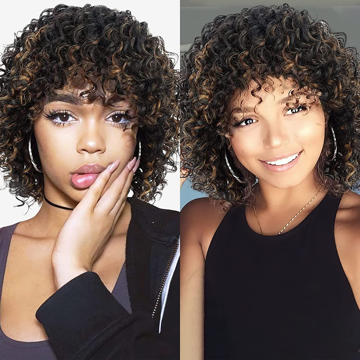 Short Black Brown Highlights Full Human Hair Wig with Hair Bangs