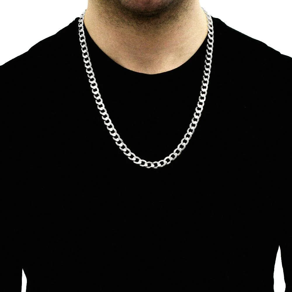 .925 Solid Sterling Silver 8.5MM Cuban Curb Link Diamond-Cut Necklace