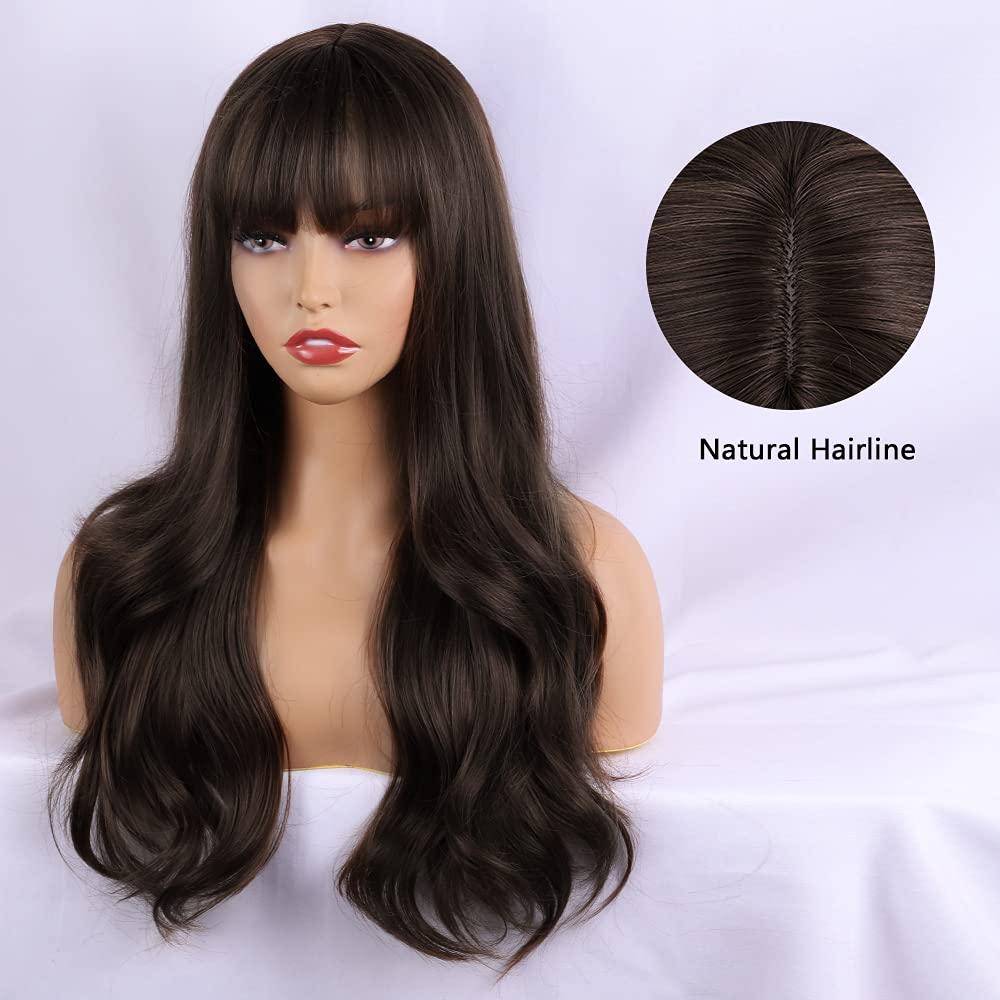 Dark Brown Long Wavy Wigs With Bang for Women