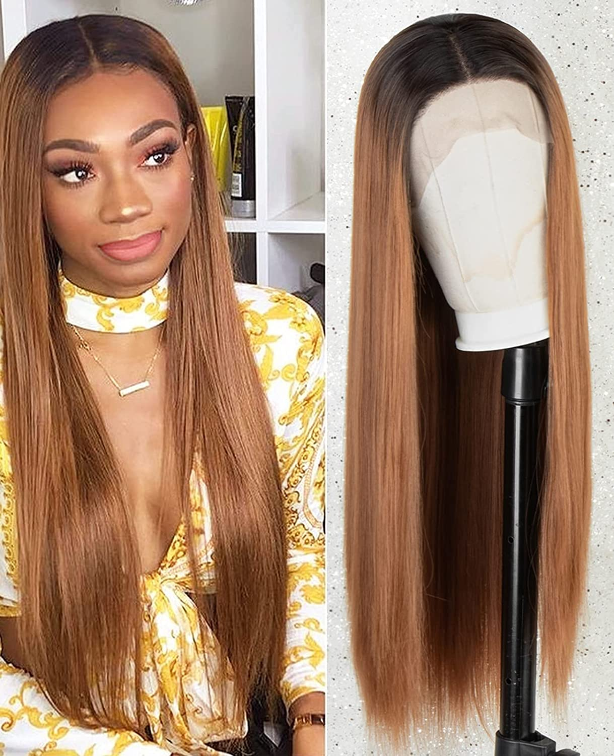 Long Straight Ombre Brown Lace Front Wig with Baby Hair