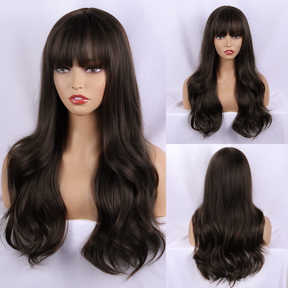 Dark Brown Long Wavy Wigs With Bang for Women
