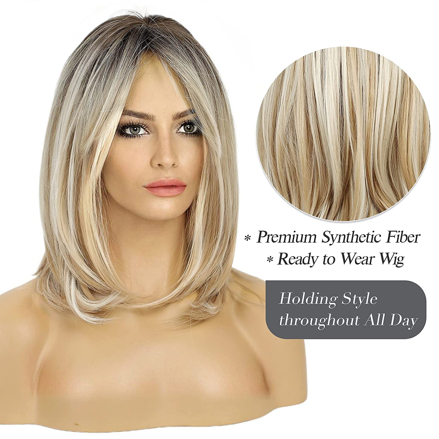 Long Ombre Blonde with Black Roots With Bangs