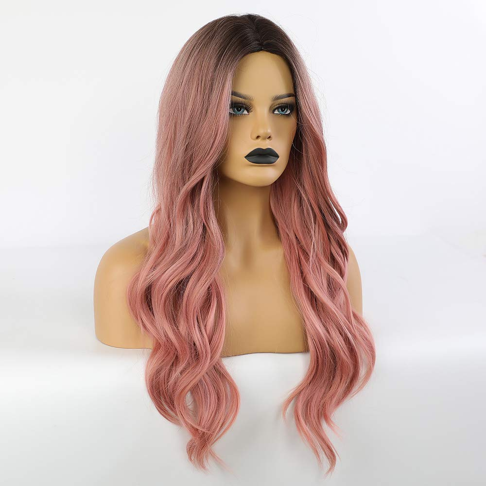 Long Natural Wave Ombre Black-Pink Color Wig