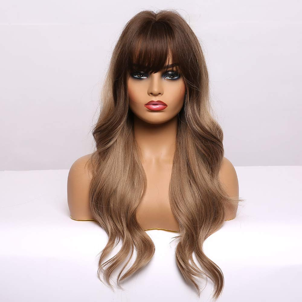 Long Wavy Dark Ashy Blonde Ombre Full Non Lace Bang Wig
