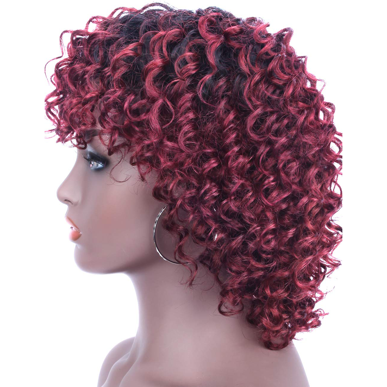 12 Inch Short Bob Wine Red Curly Human Hair Wig With Bangs