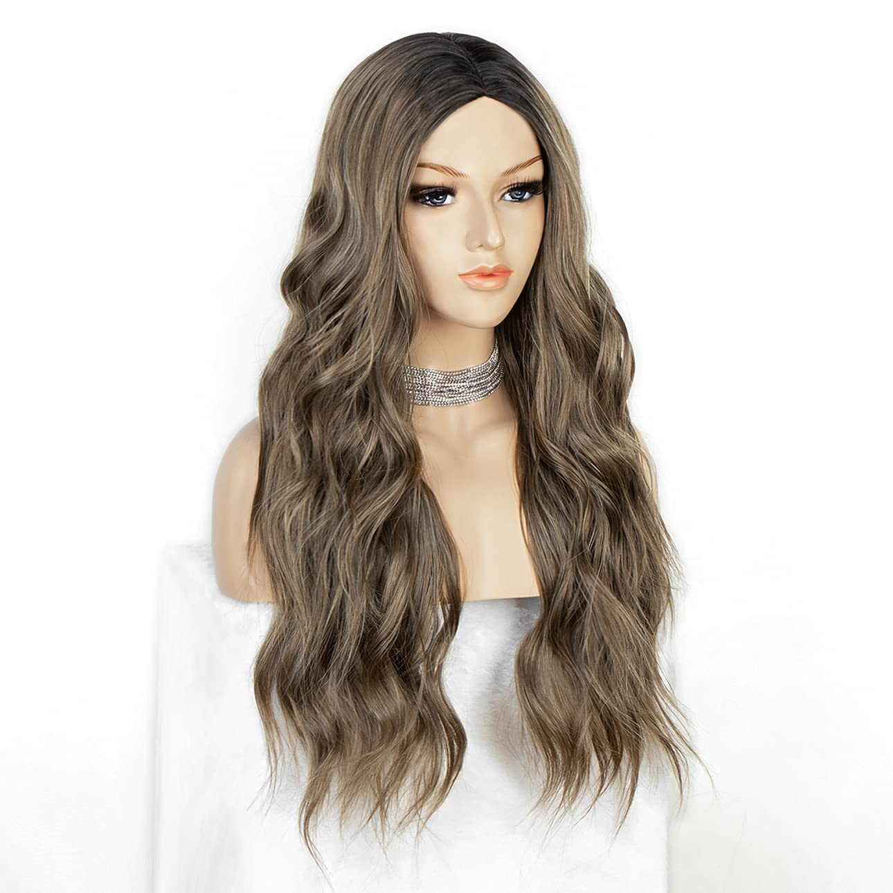 K'Ryssma Long Brown Wig Ombre Wavy Synthteic Wig with Dark Roots Natural Looking Brown Ombre Wig for Women 22 Inches