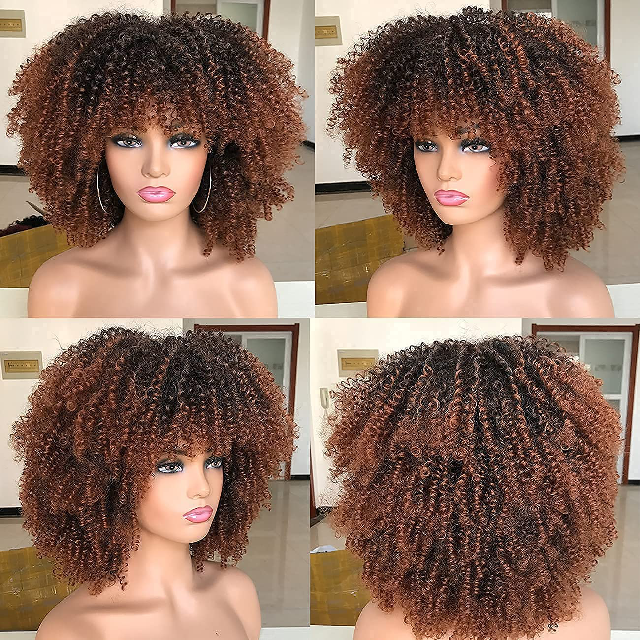 Ombre Brown 14 Inch Short Bob Kinky Curly Full Wig