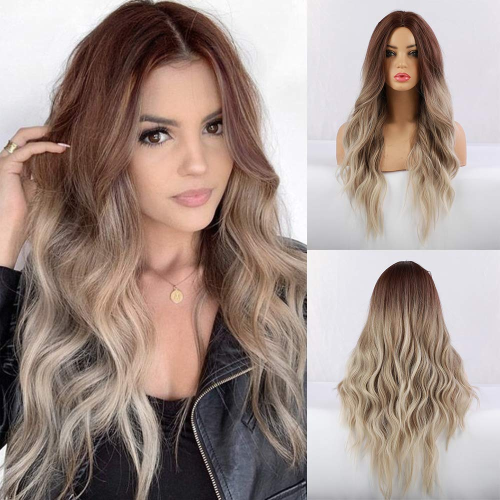 Ombre Brown Ash Blonde Long Curly Wavy Full Cap Wig