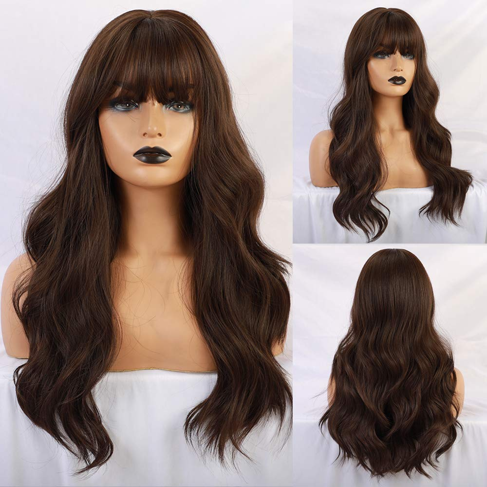 Long Natural Wavy Brunette Wigs With Bangs
