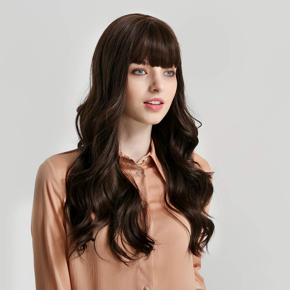 Long Natural Wavy Brunette Wigs With Bangs