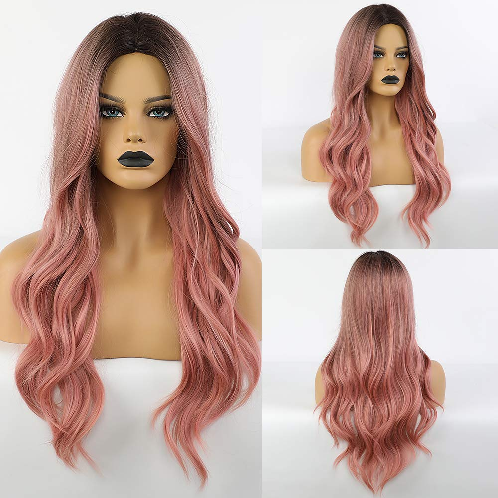 Long Natural Wave Ombre Black-Pink Color Wig