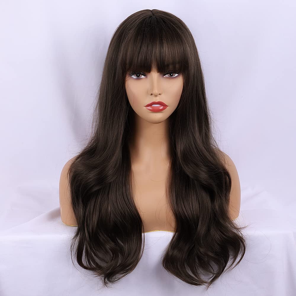 Dark Brown Long Wavy Wigs With Bang for Women