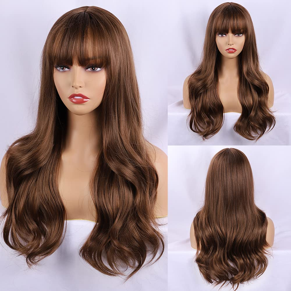 Long Light Brown Wavy Wigs With Bang
