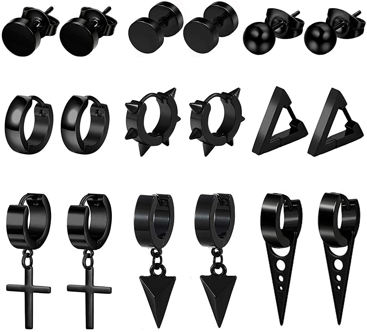 9 Pairs Stainless Steel Stud Huggie Hoop Earrings for Women Mens Black Cross Triangle Dangle Earrings Punk Style Goth Earrings Set