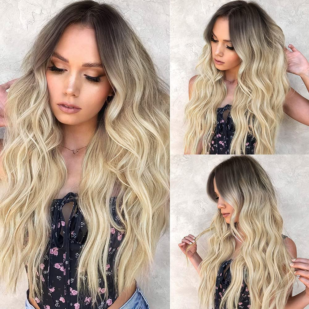 Nnzes Blonde Wig Synthetic Long Wavy Wig Middle Part Hair Replacement Wigs 22 Inch Heat Resistant Fiber for Daily Use