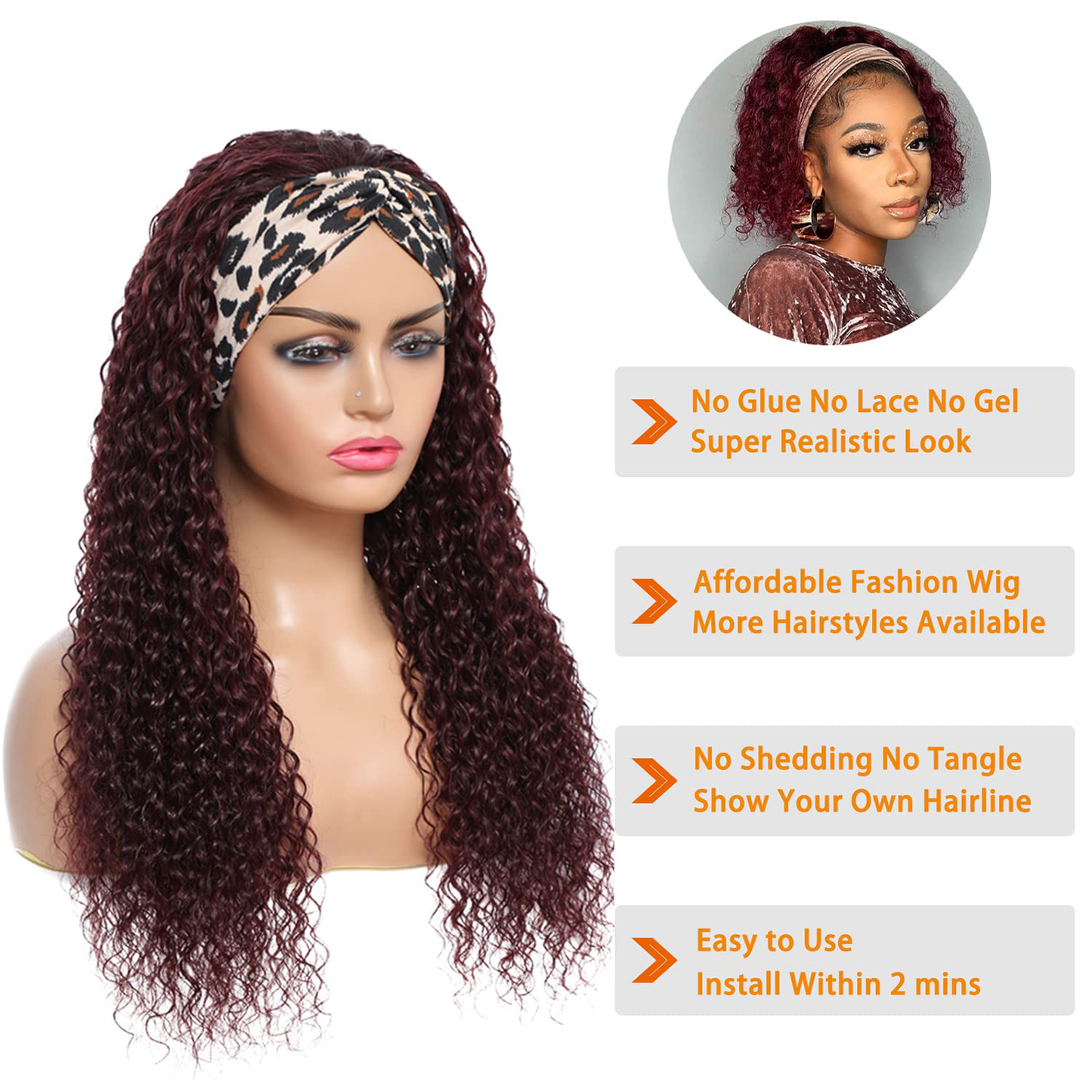 Headband Water Wave Human Hair Headband Wigs | 99J Burgundy Color