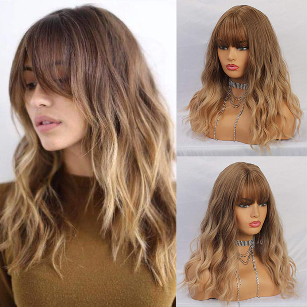 Ombre Brown Curly Full Wig with Bangs Wig