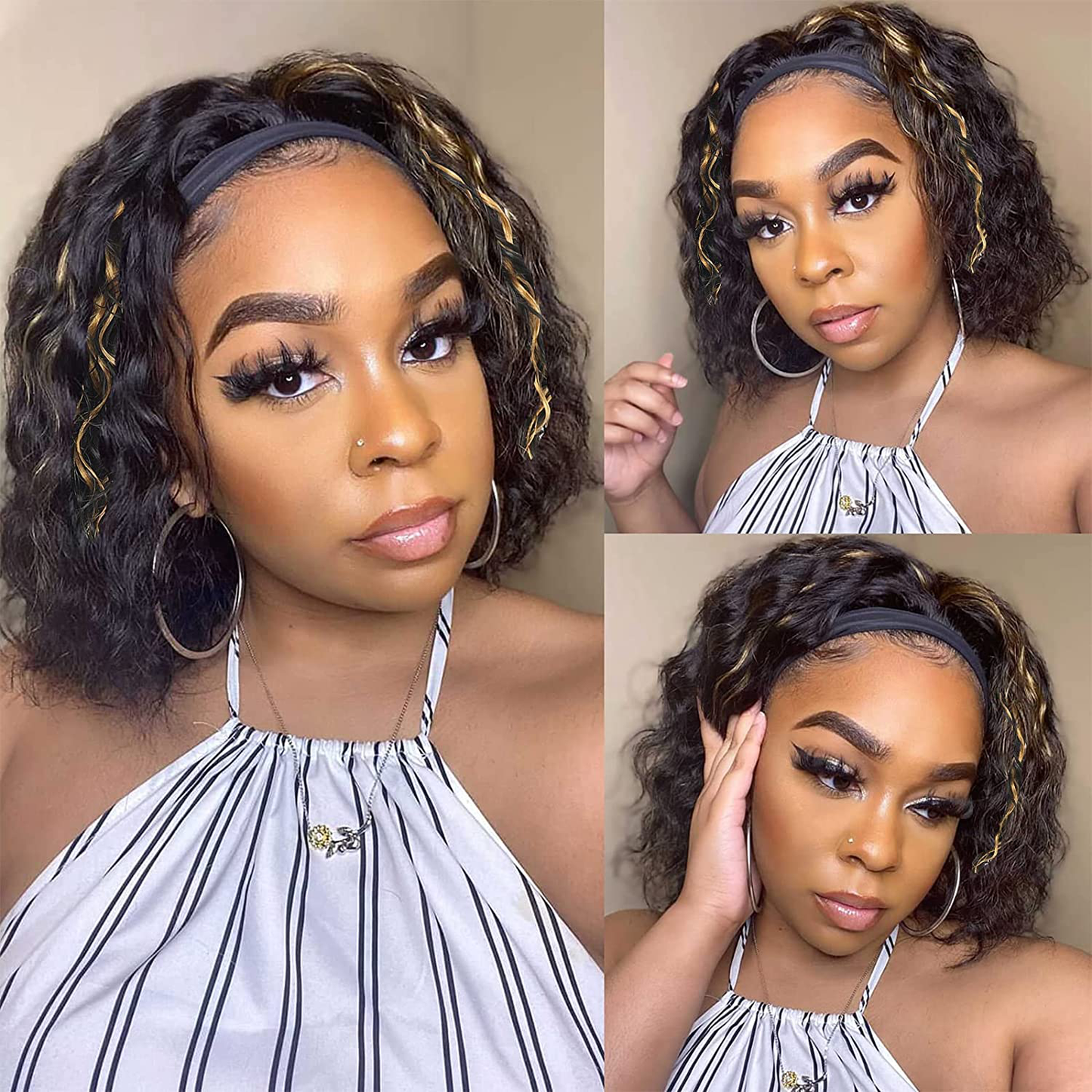 12Inch Short Bob Ombre Highlight Human Hair Curly Headband Wigs,Short Bob Ombre Highlight Human Hair Curly Headband Wigs