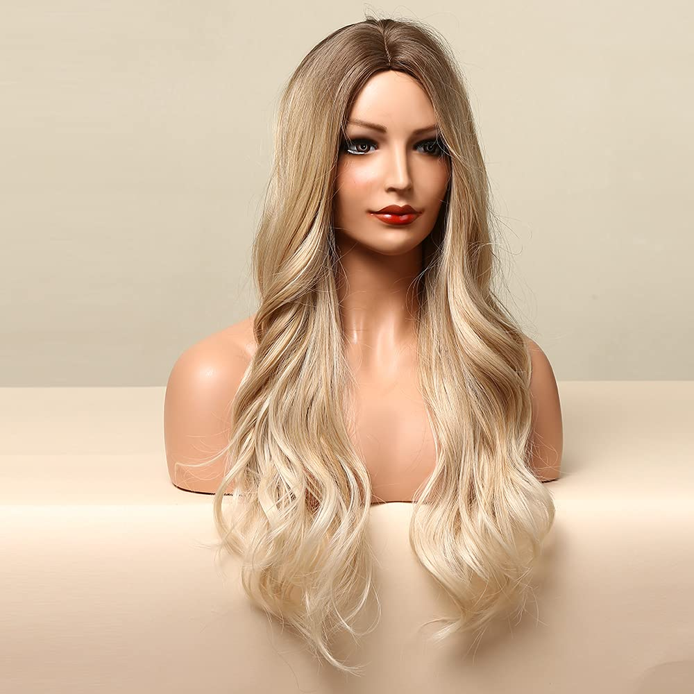 Long Ombre Light Brown to Blonde Natural Wave Full Wig