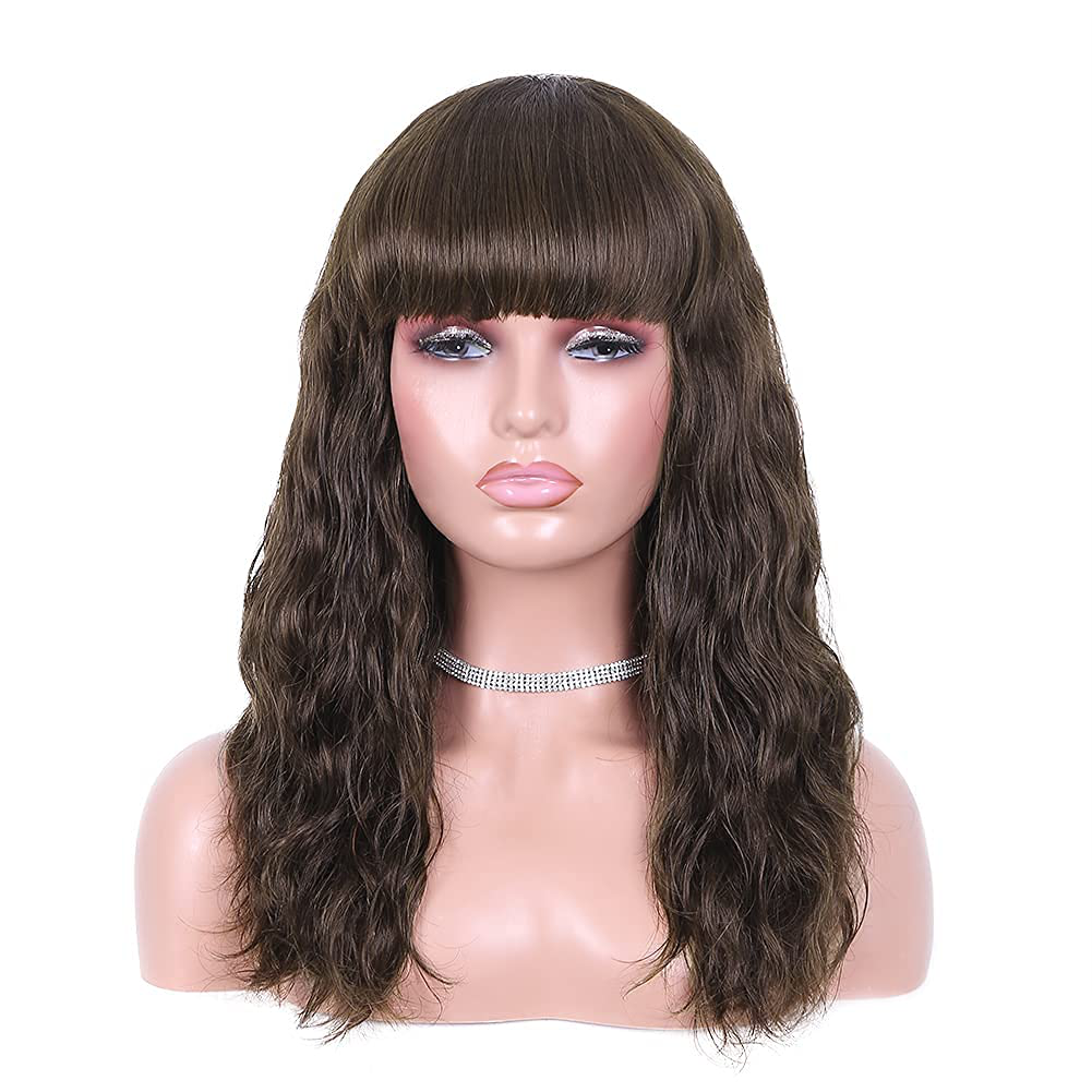 Short Bob Wavy Human Hair Wig with Bangs|Dark Brown-Black-Wine Red Wigs