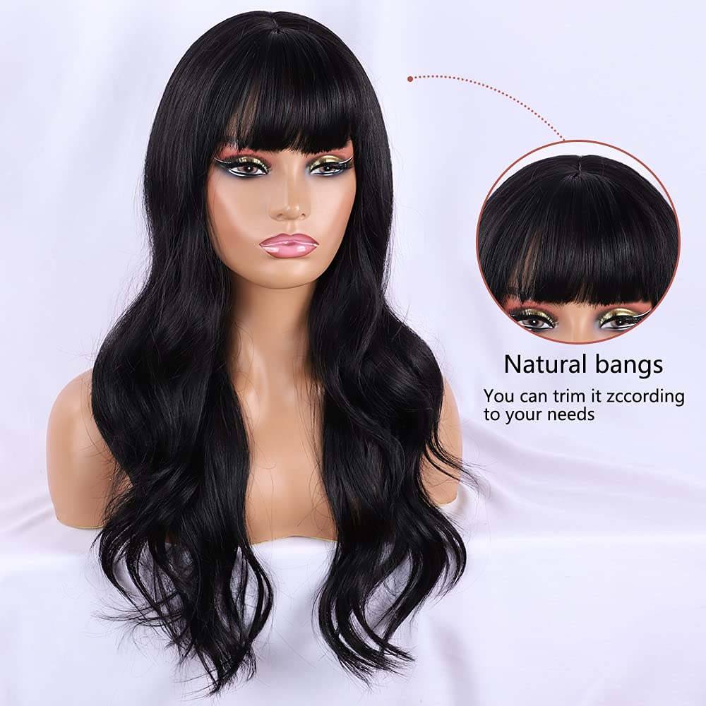 Long Silky Wavy Wigs with Bangs |24 Inch,Natural Black