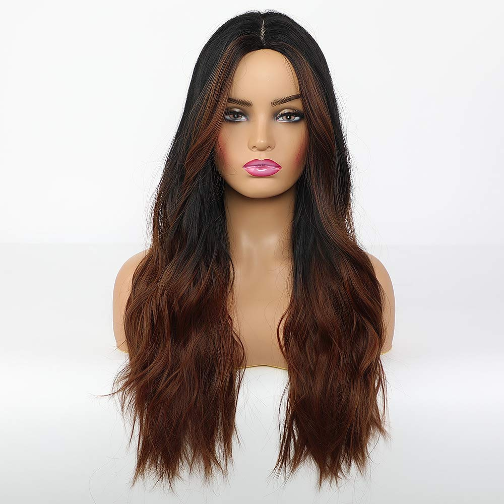 Long Ombre Black Brown Natural Wavy Wig