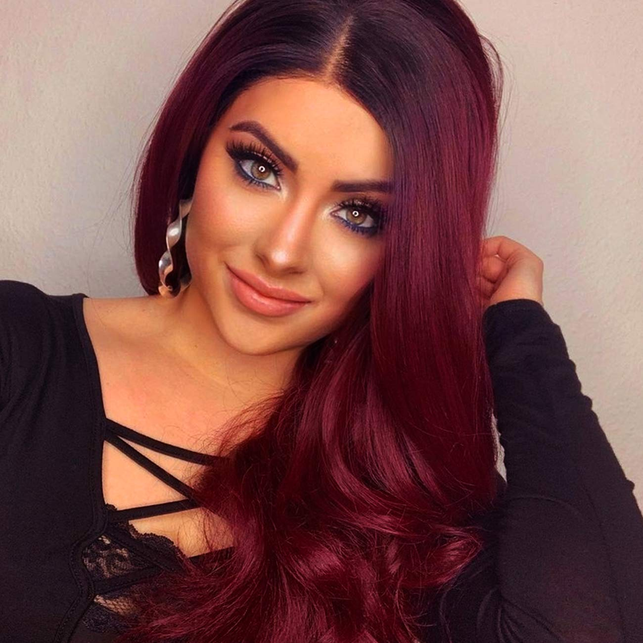 Long Burgundy Ombre Wavy Full Wigs