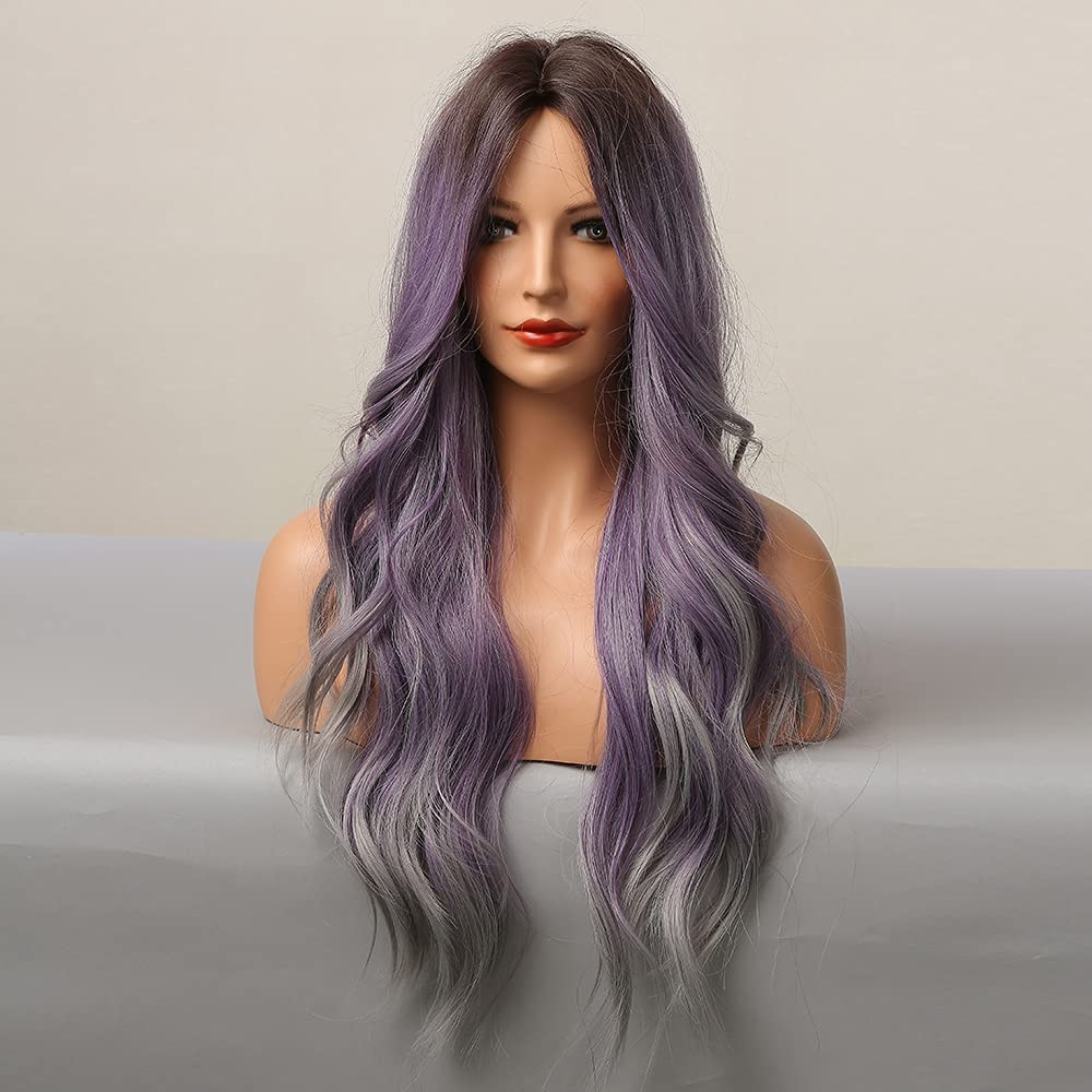 Long Wavy Ombre Purple Gray Full Wig