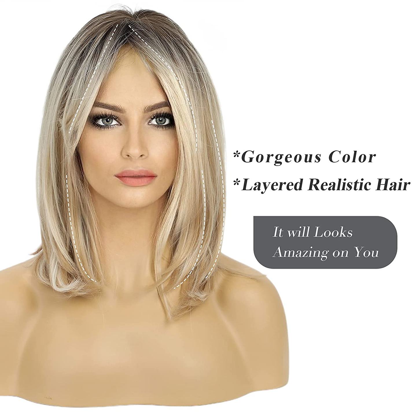 Long Ombre Blonde with Black Roots With Bangs